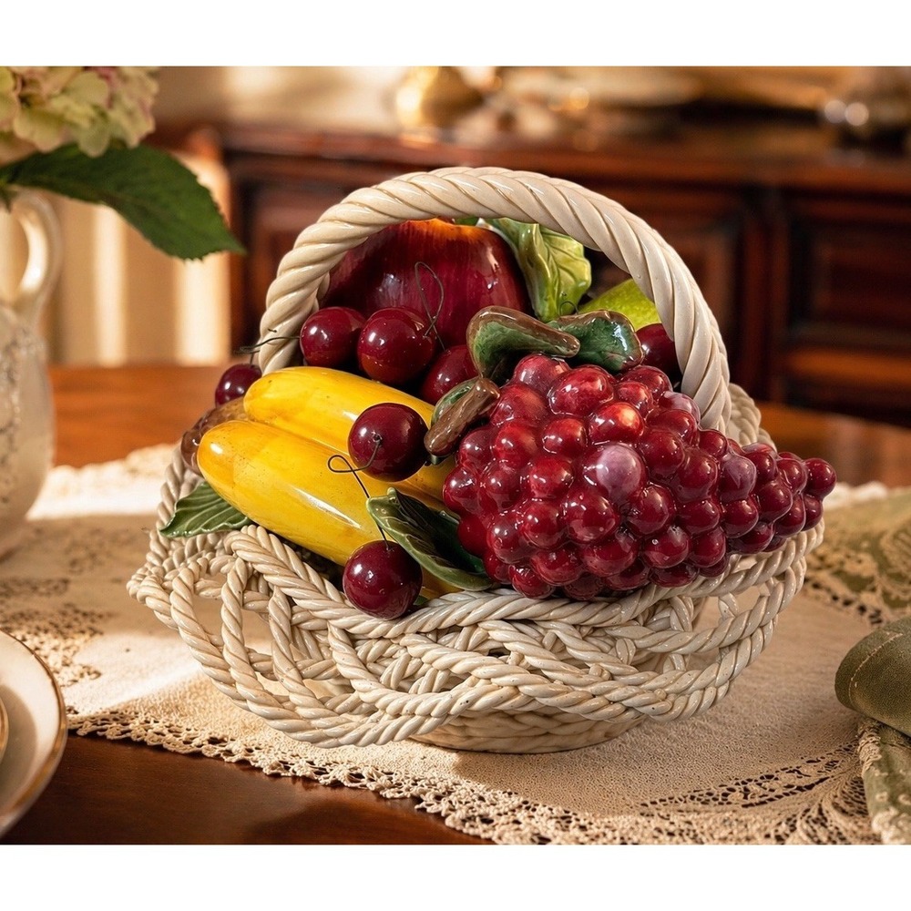 Vintage Italian Style Ceramic Fruit Basket Woven Lattice Centerpiece Decor